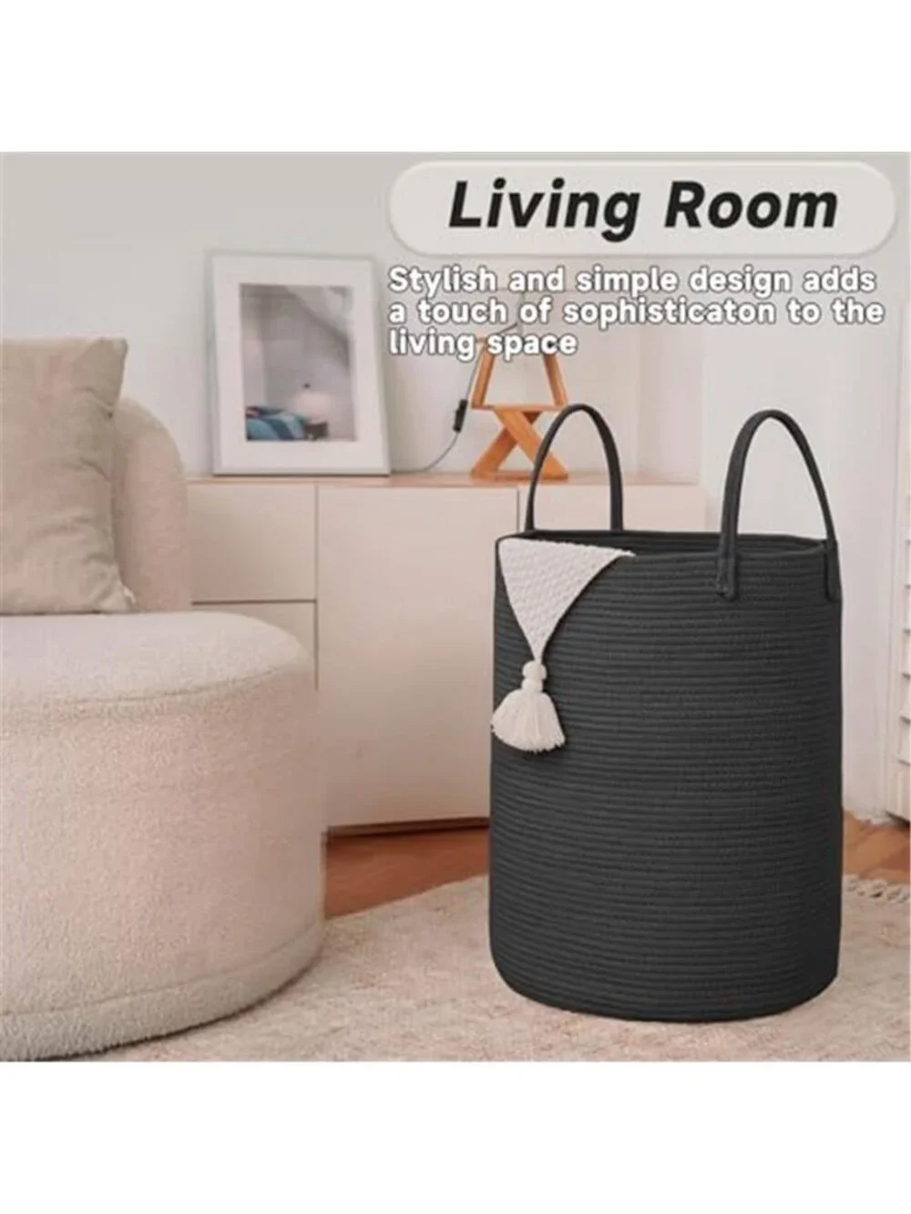 New 60L Cotton Rope Laundry Basket Hamper, Black